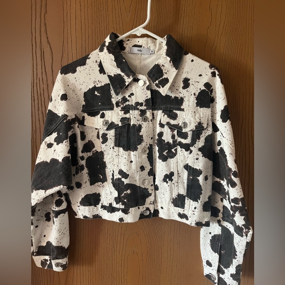 ADIKA Cow Print Cropped Denim Jacket
